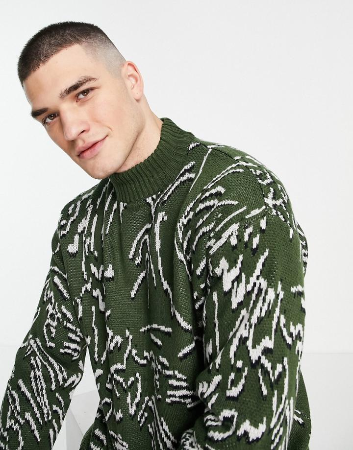 Native Youth Oversized Jacquard Scribble Knitted Sweater-brown
