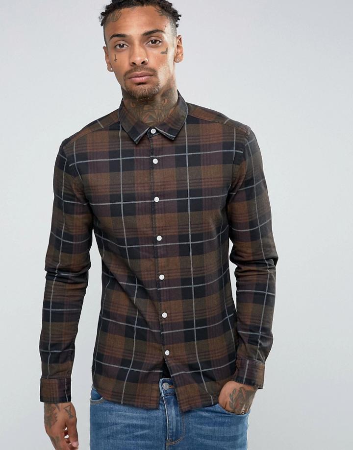 Asos Skinny Shirt In Denim Check - Brown