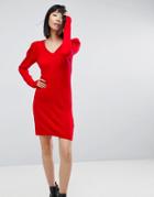 Asos Dress With V Neck And Shoulder Pad - Red