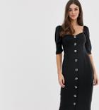 Asos Design Tall Linen Button Through Midi Dress With Sweetheart Neckline - Black