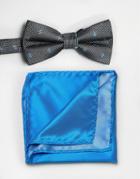 Selected Black Spot Bow Tie With Blue Pocket Square - Black