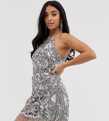 Asos Edition Petite Sequin Cutwork Cami Mini Dress With Fringe - Silver