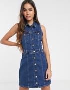 River Island Denim Mini Dress With Pocket Details In Mid Wash