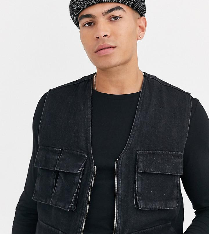 Asos Design Tall Utility Vest In Washed Black-gray