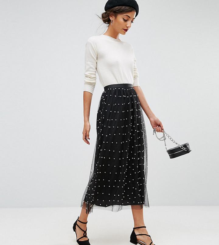 Asos Tall Faux Pearl Embellished Tulle Fully Lined Midaxi Skirt - Black