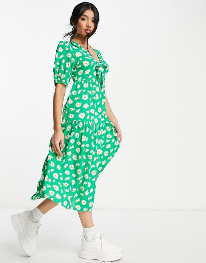 Influence Tiered Midi Dress With Bow Front In Green Floral Print