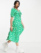 Influence Tiered Midi Dress With Bow Front In Green Floral Print
