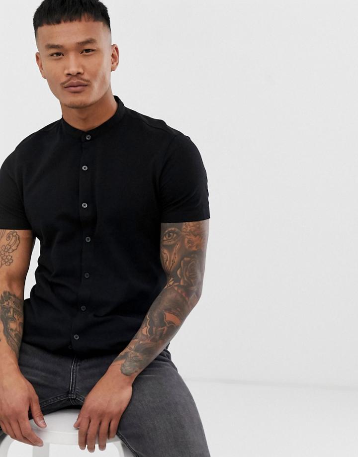 Bershka Join Life Jersey Short Sleeved Shirt With Grandad Collar In Black - Black