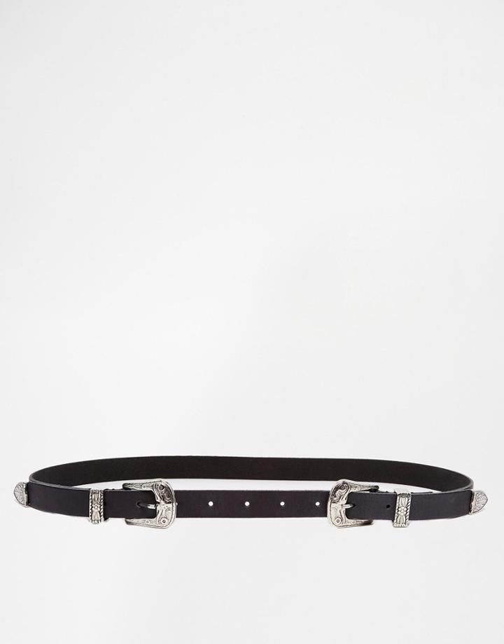 Asos Leather Slim Double Buckle Western Belt - Black