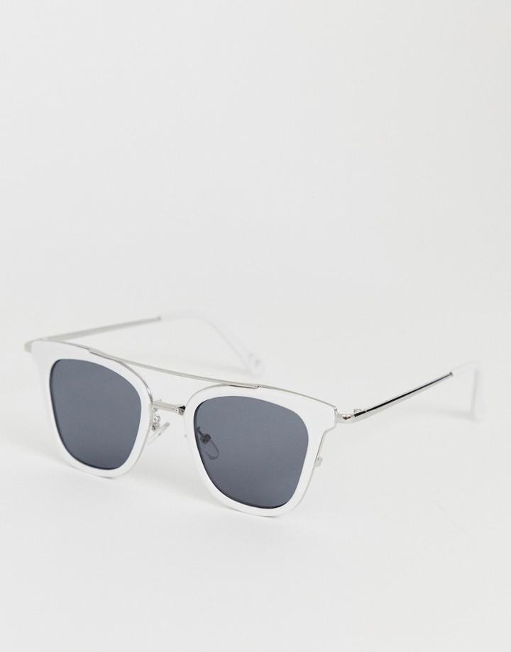 Asos Design Metal Sunglasses In Silver With White Sandwich Smoke Lens - White