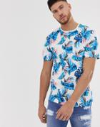 Only & Sons T-shirt In All Over Floral Print In Blue White