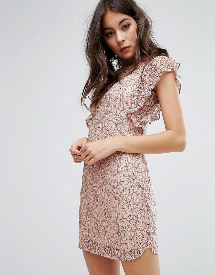 Prettylittlething High Neck Frill Sleeve Bodycon Dress - Pink