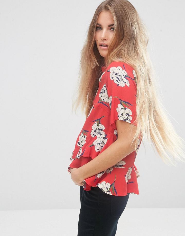 Asos T-shirt In Floral Print With Ruffle Hem - Multi