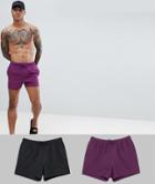 Asos Design Swim Shorts In Black & Purple In Short Length 2 Pack Save - Multi