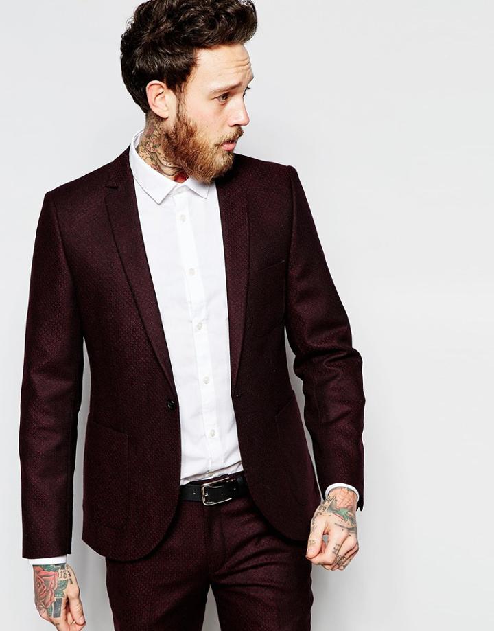 Heart & Dagger Burgundy Textured Blazer With Peak Lapel In Skinny Fit - Burgundy
