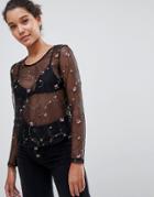 Qed London Floral Embroidered Mesh Top - Black