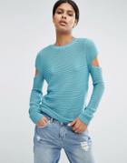 Asos Jumper In Ripple Stitch With Slash Sleeves - Green