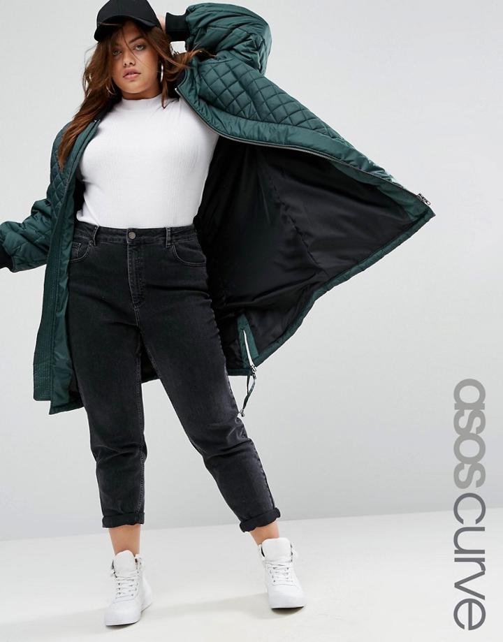 Asos Curve Bomber In Longline With Quilt Detail - Green