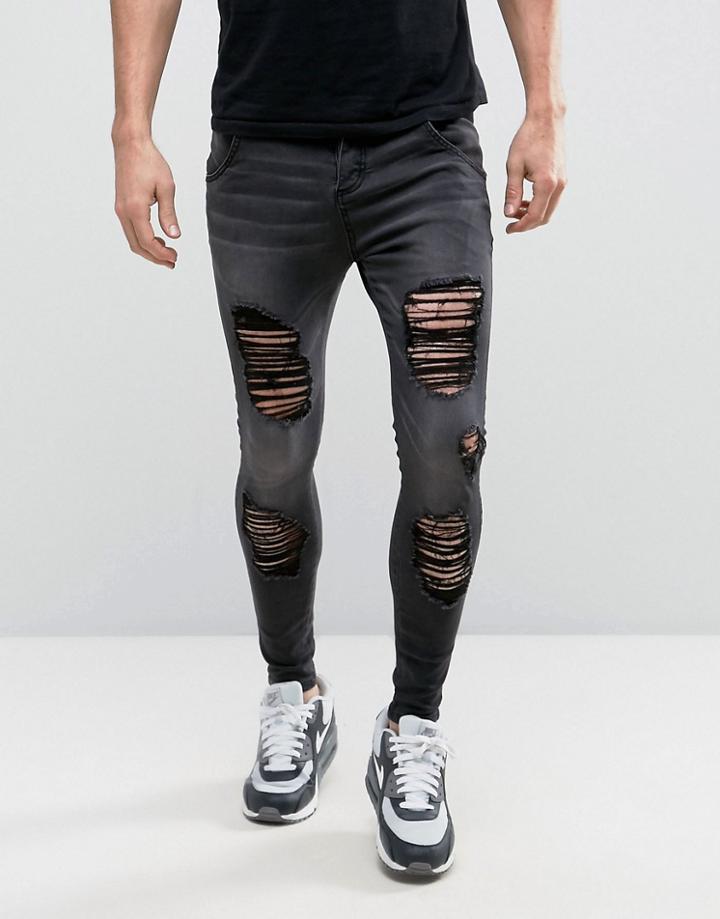 Illusive London Super Skinny Jeans With Distressing - Black