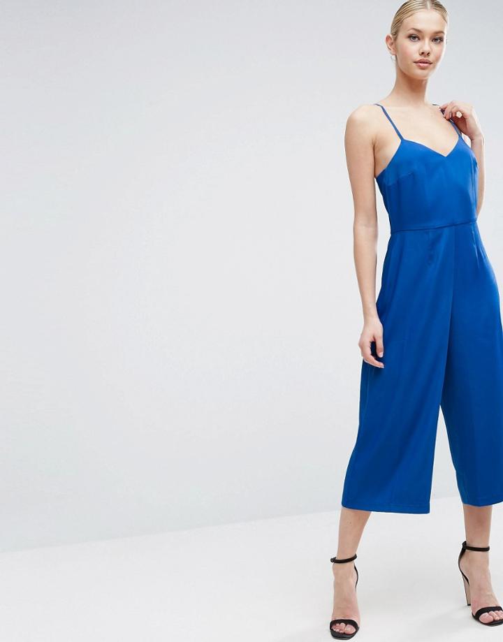 Asos Cami Satin Jumpsuit With Culotte Leg - Blue