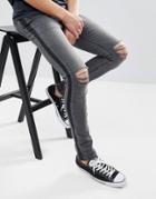 Asos Stretch Slim Jeans In Washed Black With Side Stripe And Knee Rips - Black