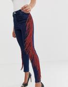 Asos Design High Waist Skinny Jeans In Dark Wash With Side Fringe Detail - Blue