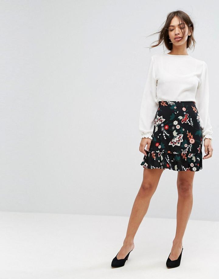 Vila Ruffle Floral Skirt - Black