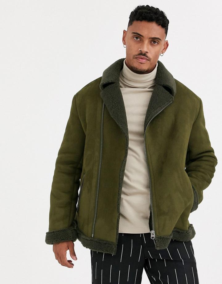 Asos Design Faux Shearling Biker Jacket In Khaki