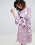 Ghost Long Sleeve Printed Midi Dress - Purple