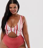 Peek & Beau Curve Exclusive Eco Cut Out Swimsuit In Contrast Stripe-pink