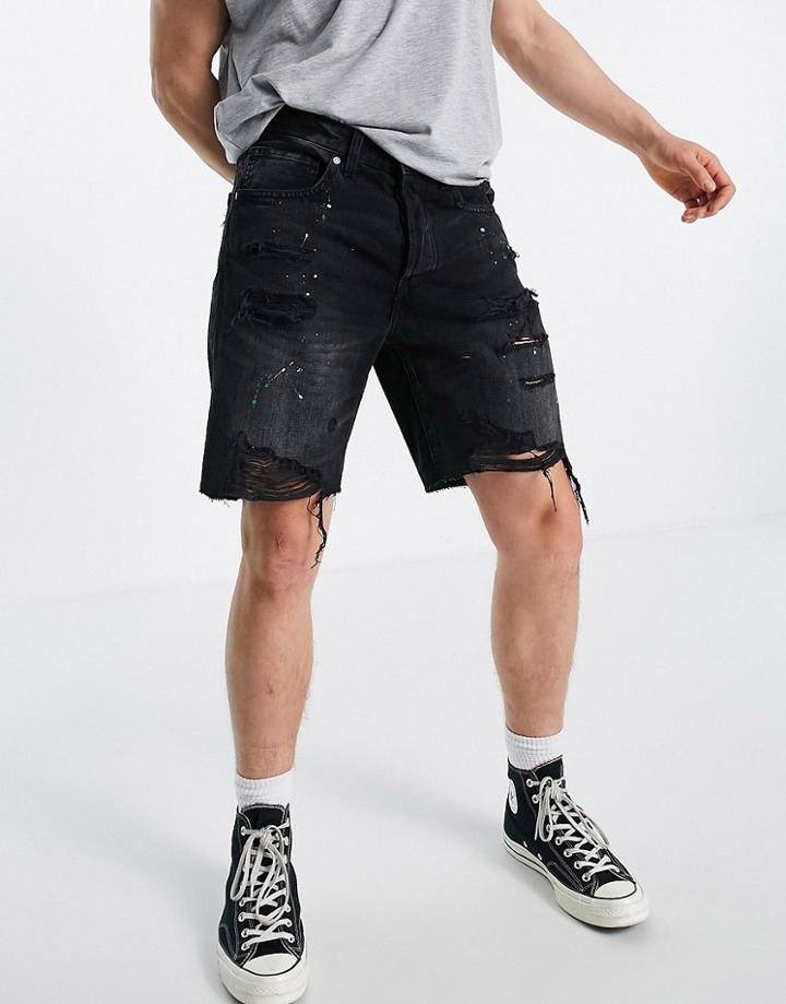 Pull & Bear Vintage Fit Denim Shorts In Gray With Heavy Rips-grey