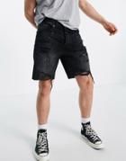Pull & Bear Vintage Fit Denim Shorts In Gray With Heavy Rips-grey