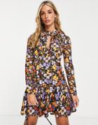 River Island Floral Pussybow Smock Mini Dress In Yellow