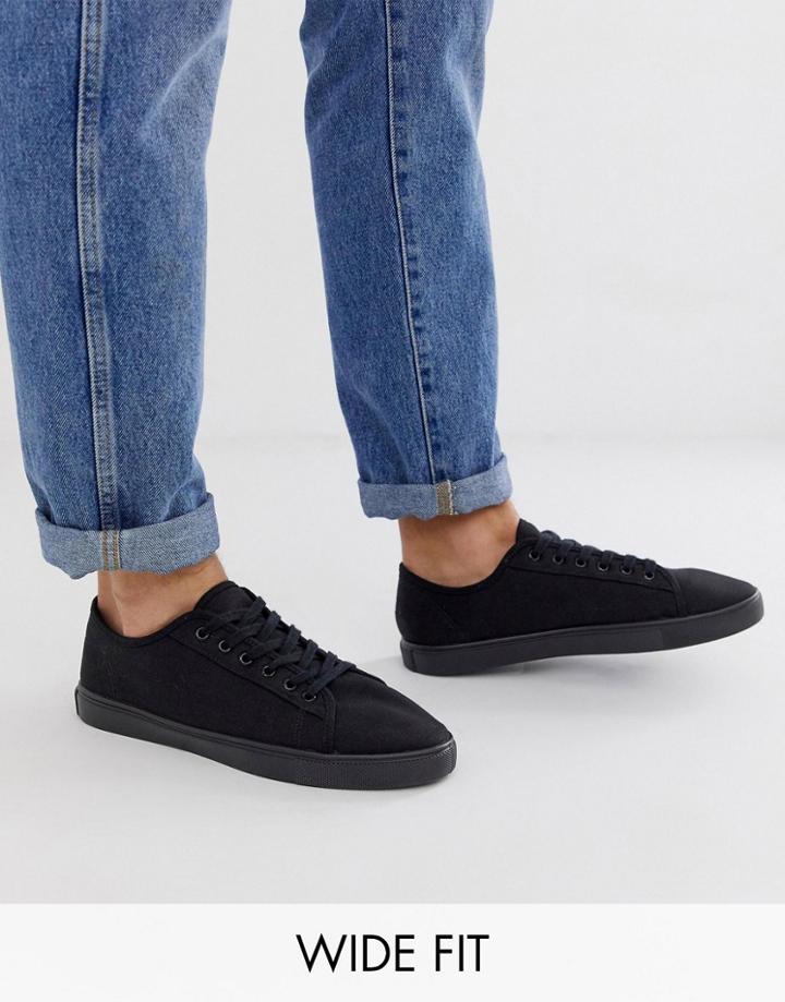 Asos Design Wide Fit Sneakers In Black Canvas - Black