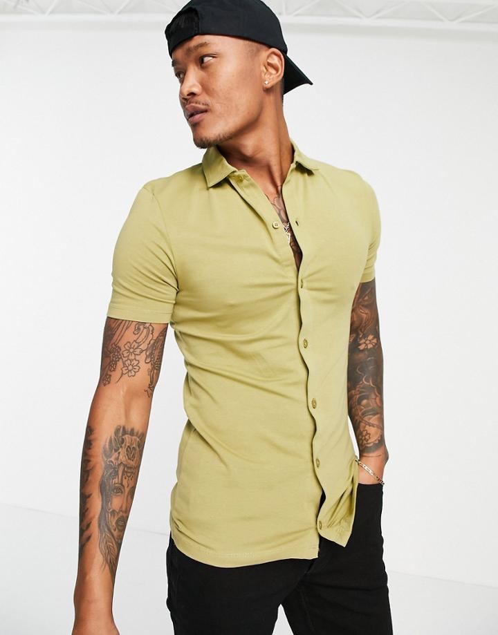Asos Design Button Through Jersey Shirt In Khaki - Mgreen