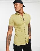 Asos Design Button Through Jersey Shirt In Khaki - Mgreen