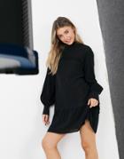 Lola May High Neck Dress With Drop Hem With Ruffle Detail-black