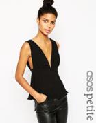 Asos Petite Pleated Plunge Neck Top - Black