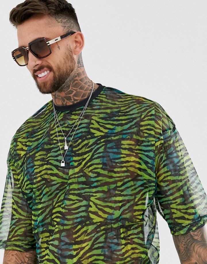 Asos Design Cropped Oversized T-shirt With Neon Animal Print In Mesh-green