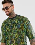 Asos Design Cropped Oversized T-shirt With Neon Animal Print In Mesh-green