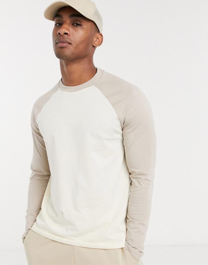 Asos Design Long Sleeve Raglan T-shirt In Beige-multi