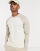 Asos Design Long Sleeve Raglan T-shirt In Beige-multi