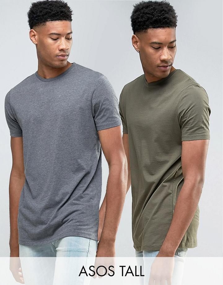Asos Tall 2 Pack Longline T-shirt In Charcoal Marl/green Save - Multi