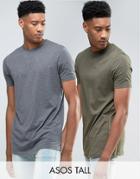 Asos Tall 2 Pack Longline T-shirt In Charcoal Marl/green Save - Multi