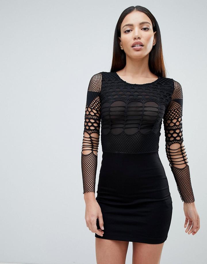 Forever Unique Mesh Long Sleeve Mini Dress - Black