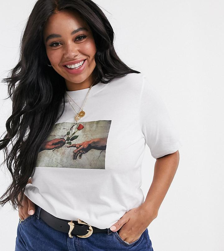 Daisy Street Plus Relaxed T-shirt With Rose Graphic In Organic Cotton-white