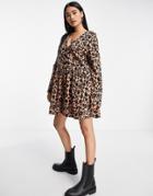 Asos Design Long Sleeve Smock Mini Dress With Buttons In Leopard Print-multi