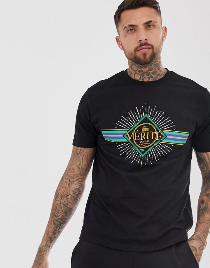 Asos Design Relaxed T-shirt With Verite Print And Hot Fix Gem-black