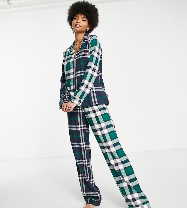 Chelsea Peers Tall Cotton Revere Top And Trouser Pyjama Set In Contrast Check Print - Navy