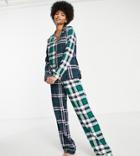 Chelsea Peers Tall Cotton Revere Top And Trouser Pyjama Set In Contrast Check Print - Navy